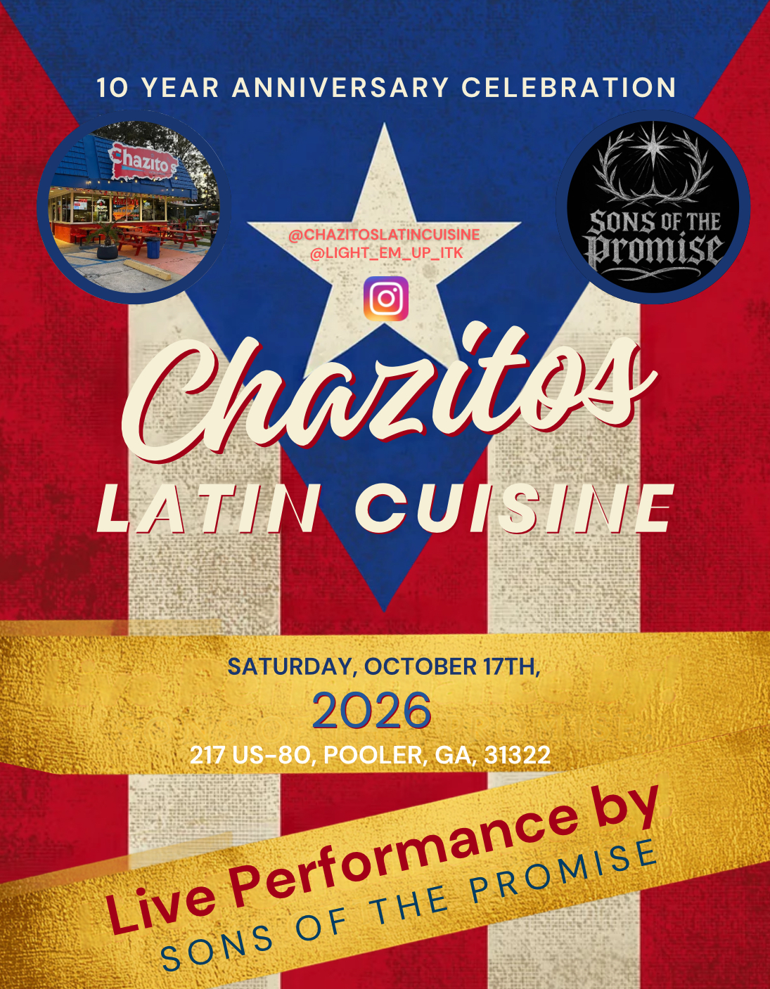 Chazitos Latin Cuisine 10 year anniversary flyer (English) designed by Copper Fox